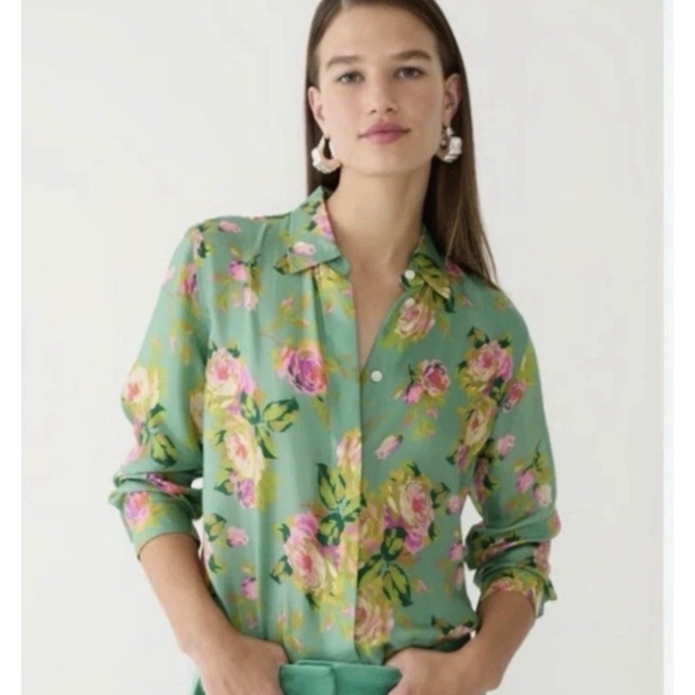 J Crew Classic Fit Rose Garden Cupro Shirt Rose Garden Floral Button Up Size 10